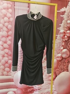 Black Ruched Long-Sleeve Dress with Embellished Collar